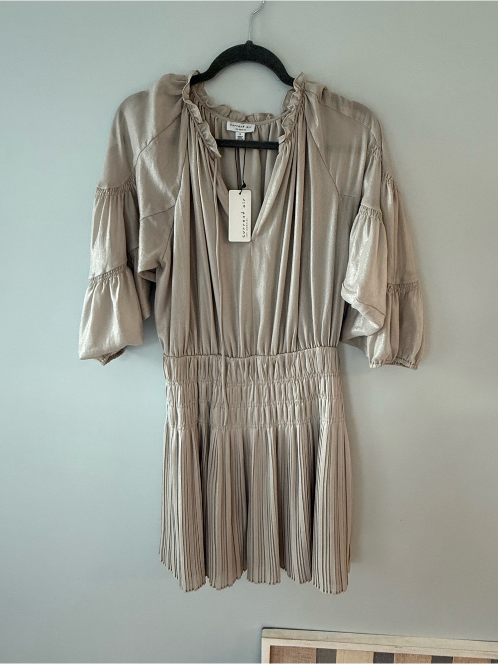 Current Air Metallic Beige Pleated Mini Dress